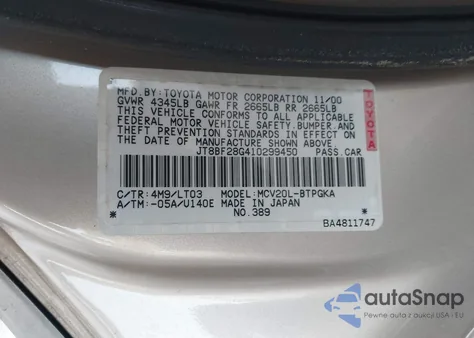 2001 Lexus Es 300 z USA, uszkodzony, nr VIN JT8BF28G410299450